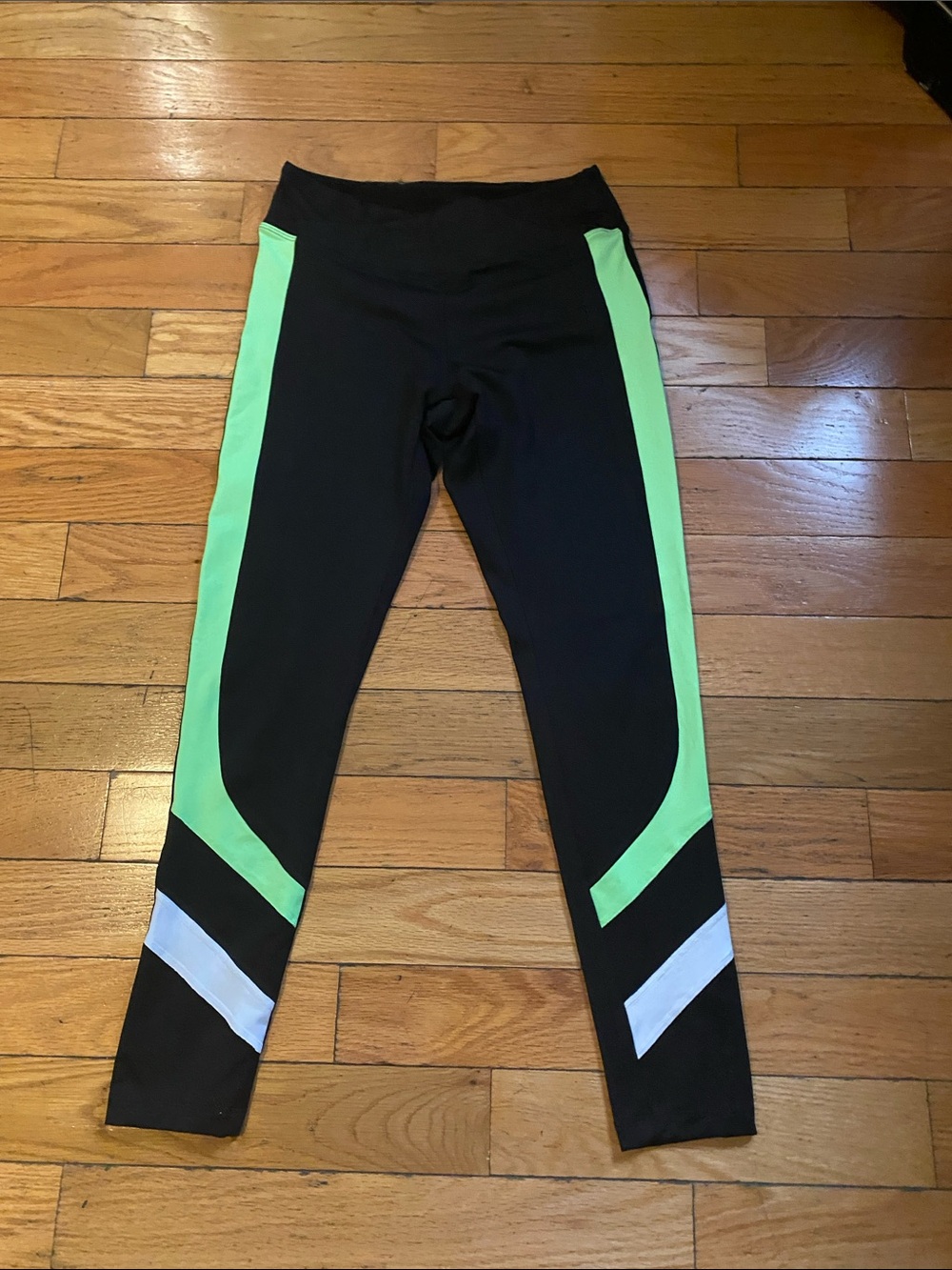 PINK Victoria's Secret Black Leggings with Neon Green & White Stripes